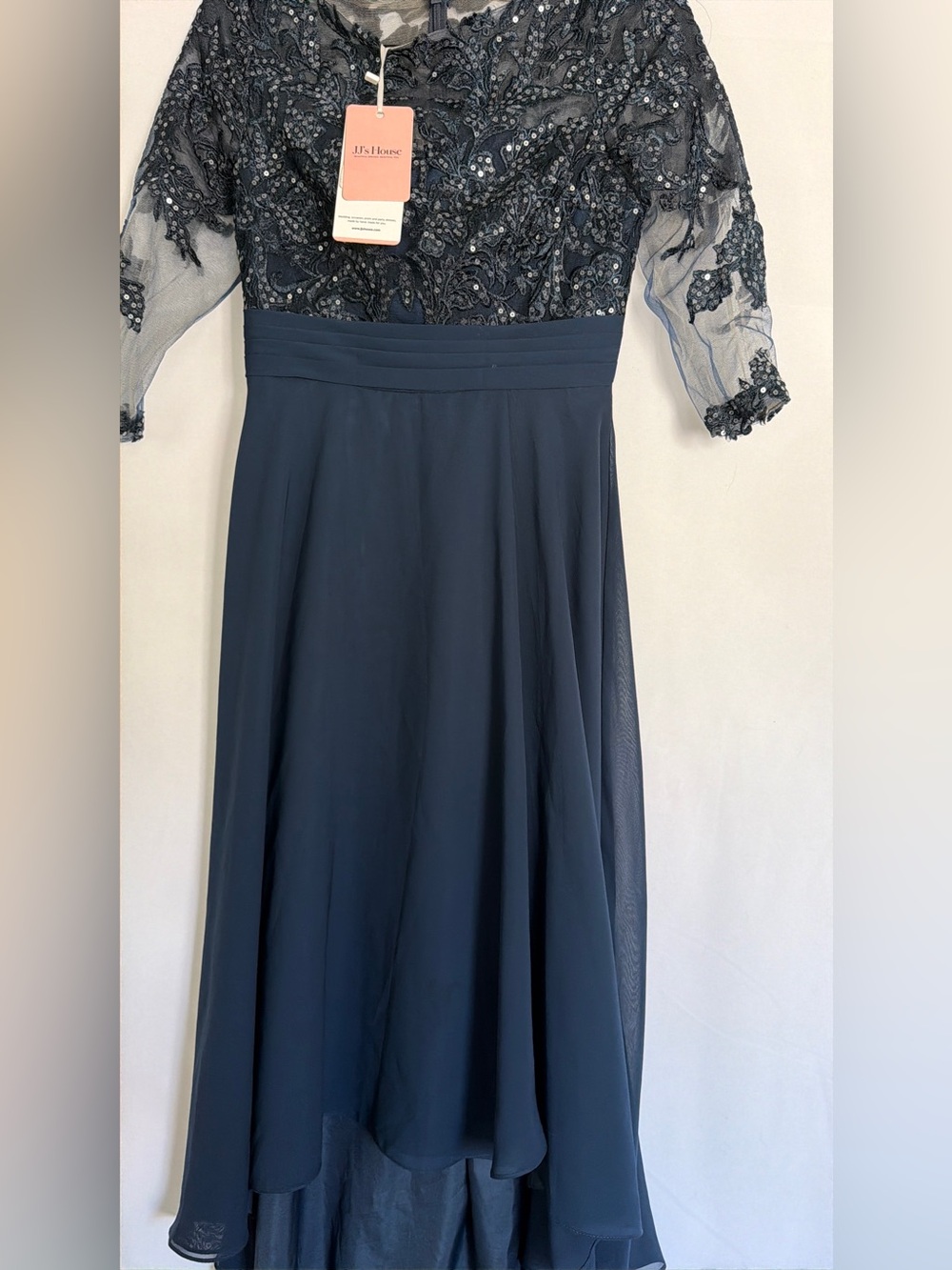 JJs House Navy Lace & Chiffon Long Sleeve Evening Gown